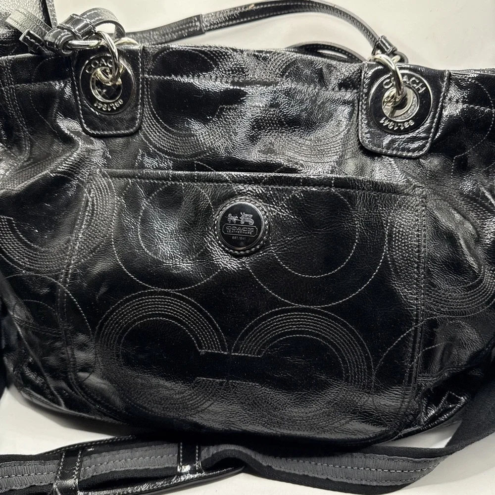 Coach Alex Signature Black Patent Leather Baby Travel Tote Bag